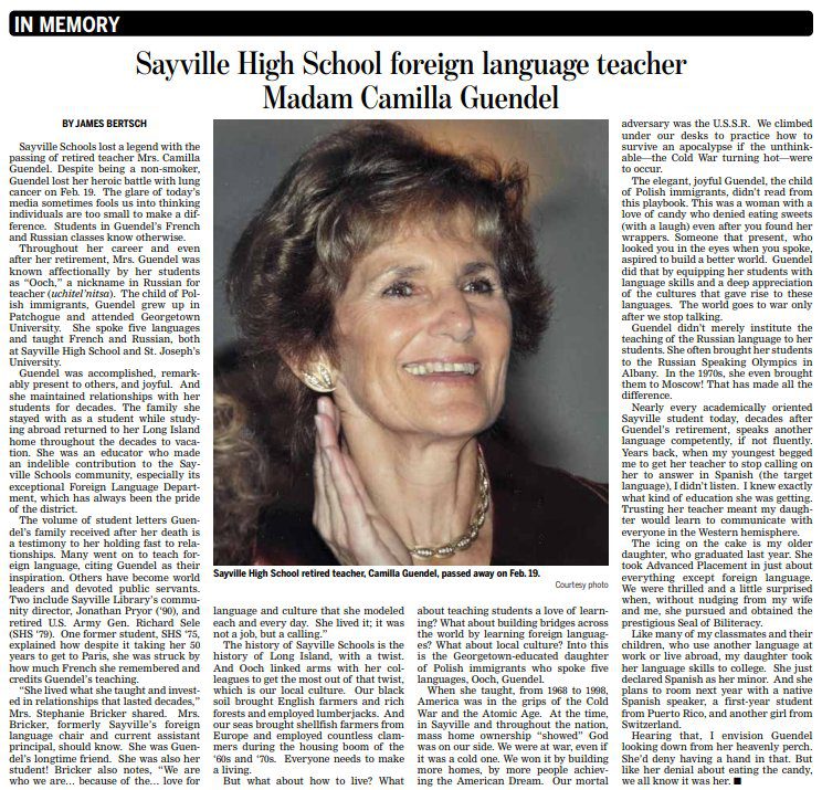 Dr. James Bertsch has penned a truly exquisite article honoring the memory of the esteemed foreign language teacher Madam Camilla (Belzak) Guendel. We express our gratitude for his heartfelt tribute.