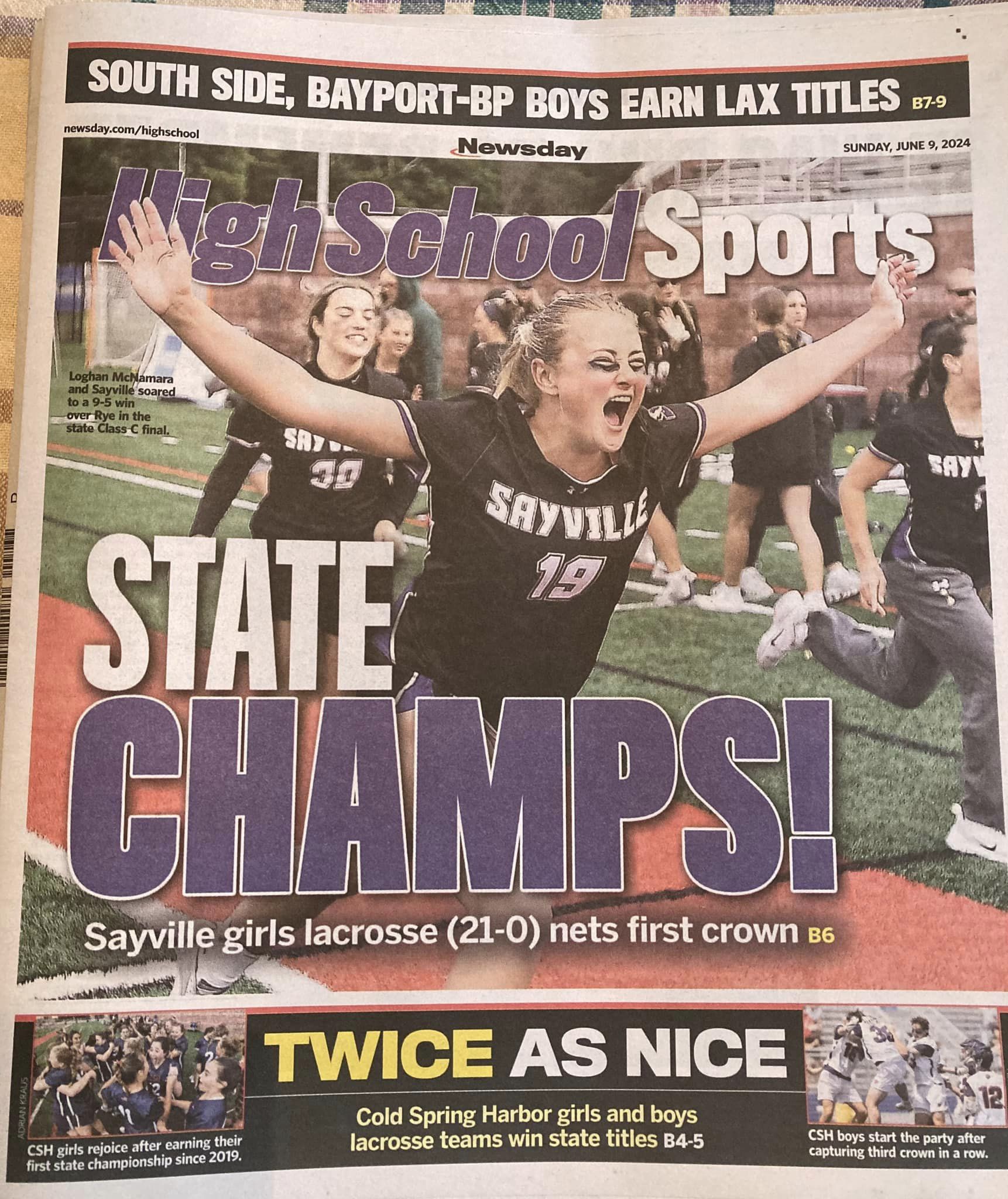 A cover from the HS Sports section of Newsday and accompanying article. They had a perfect season 21-0!!  Loghan’s  expression says it all!!?⚡️?